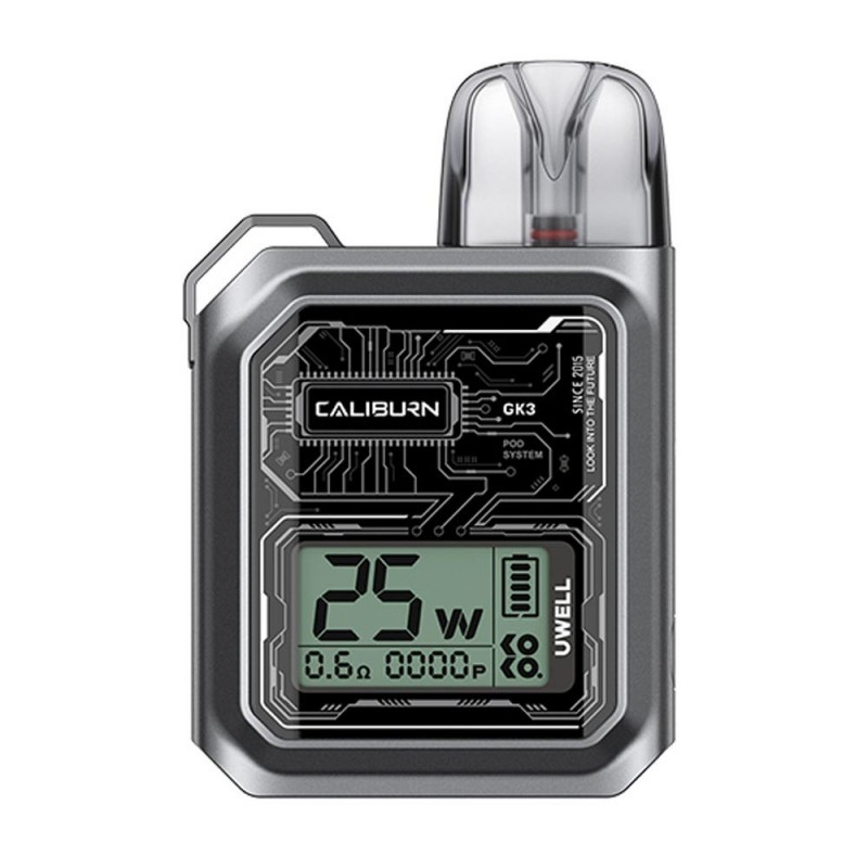 Uwell Caliburn GK3 Pod 25W gri, dijital ekranlı pod sistem elektronik sigara.