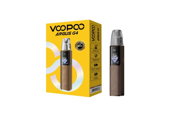 Voopoo Argus G4 Pod 35W kahverengi, ekranlı elektronik sigara kutusu.